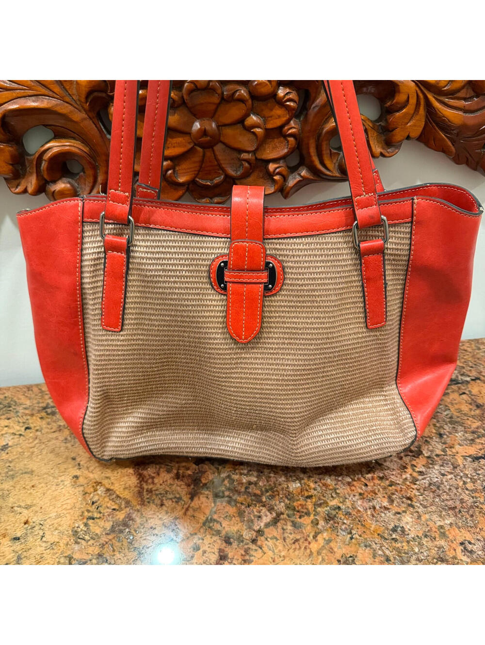 Emilie M Woven Straw Orange Faux Leather Tote Bag